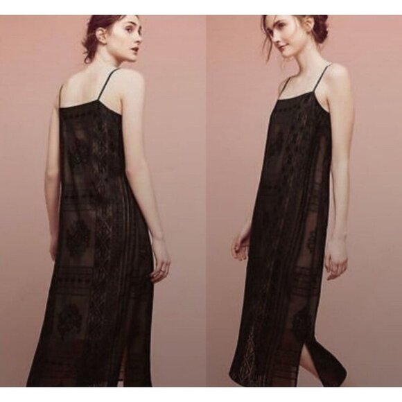 Anthropology Black Sheer Embroidered Slip Dress With Spaghetti Straps By Floreat - Picture 2 of 9